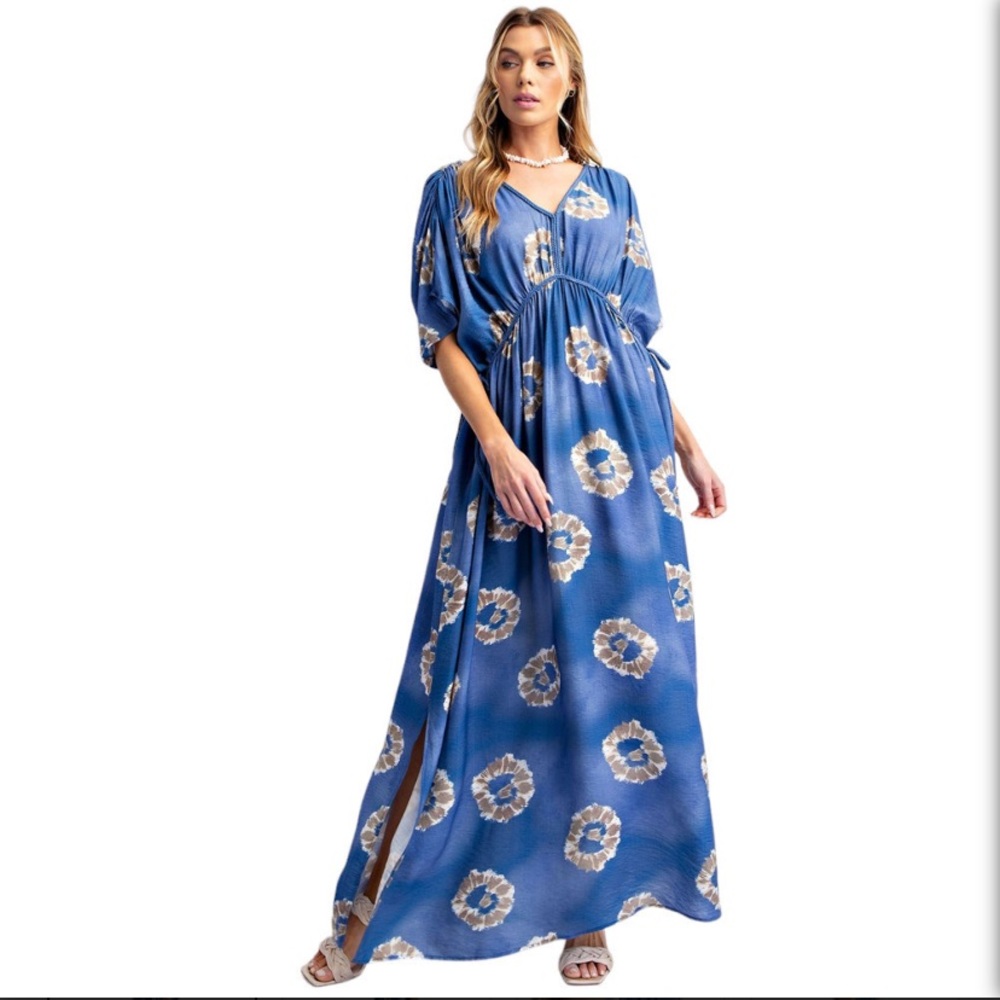 Easel Blue and Cream Floral Maxi Dress